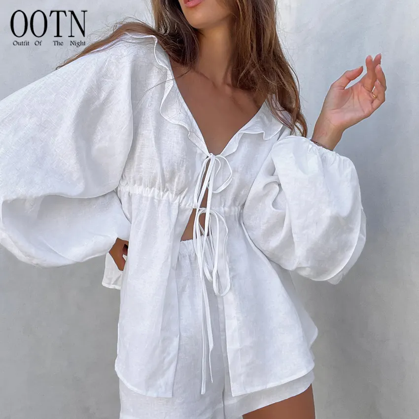 OOTN White Outfits 2023 Summer Elastic Waist Shorts Ruffles Lace Up Tops set di due pezzi Casual Loose Lantern Sleeve Shirt Suits