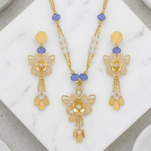 925 Silver Butterfly Necklace Set for Women Designer Floral Pendant <b>Blue</b> <b>Bead</b> Mala Matching Earrings Jewelry - Product Image 4
