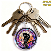 Porte-clés en acrylique Verre Teinté Corbeau et Papillon, Corbeau Noir sur Mosaïque Florale avec Bord Holographique, Breloque d'Art Gothique Double Face
