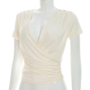 Viviblook Y26TP200 Women Summer T-Shirt New Short Sleeved V-Neck <b>Cross</b> Pleated Casual <b>Top</b> - Product Image 3