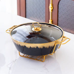 Olla de Cerámica Redonda Dorada de Lujo <span class=keywords><strong>para</strong></span> Buffet, Calentador de Comida, Olla <span class=keywords><strong>para</strong></span> Sopa, Olla <span class=keywords><strong>para</strong></span> Caldos con Soporte Dorado - Product Image 3