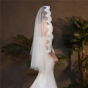 WAN200 — voile de mariée blanc en dentelle ivoire, livraison gratuite, courte, une étape, voile à doigt de mariage avec peigne - Product Image 5