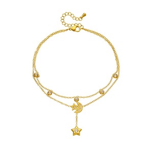 <b>Moon</b> Star Drop Double Layer Anklet Stainless Steel Gold Tone Paved <b>Crystal</b> Crescent Charm Round Rhinestone Bead Women Jewelry - Product Image 6