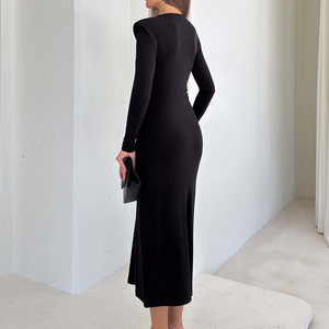 Vestido Elegante Ajustado con Cuello Barco, Manga Larga, Cintura Plisada, Color Sólido, Midi, para Eventos Nocturnos, Moda Otoño-Invierno para Mujer - Product Image 4