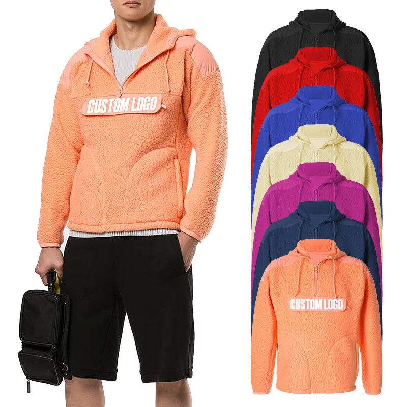 Sudadera con capucha personalizada para hombre, de algodón, naranja, de alta calidad, sin cuerdas, Sherpa, Polar, en blanco