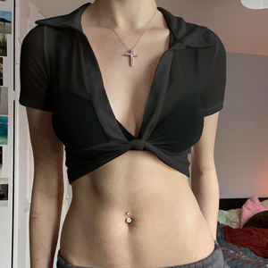 Top Corto Sexy de Malla Transparente para Mujer, con Escote Profundo en V, Manga Corta, Transparente, para Fiesta, Club, Salida Nocturna - Product Image 6