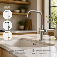 Robinet de cuisine moderne monocommande en acier inoxydable brossé avec douchette extractible, col de cygne haute portée, à poser sur plan