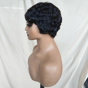 Peluca de Cabello Humano Remy Brasileño, Estilo Bob, Hecha a <span class=keywords><strong>Máquina</strong></span>, Corta y Rizada, Corte <span class=keywords><strong>Pixie</strong></span>, para Mujeres Negras, Color Negro Natural - Product Image 4