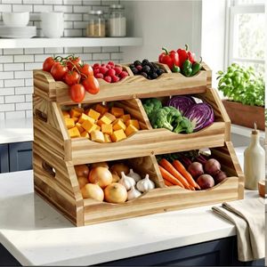 Wooden Storage Rack 3 Tier Kitchen Countertop Organizer For Fruits <b>Vegetables</b> Spices And Snacks - Product Image 1