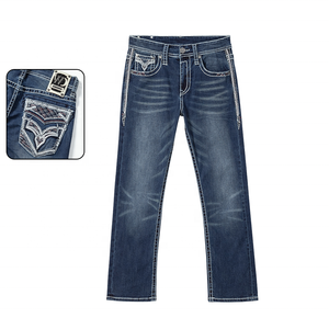 IN STOCK fashion Men’s Heavy Stitch <b>jeans</b> <b>Embroidered</b> Mid Waist Whisker effect Straight Leg <b>jeans</b> for men - Product Image 1