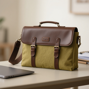 新しいデザインのグリーンキャンバス + 本革ブリーフケース高品質耐久性のある男性用キャンバスラップトップバッグカスタマイズされたロゴ付き - Product Image 2