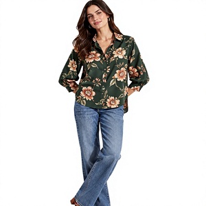 Blusa informal holgada con botones y cuello camisero con estampado floral verde para mujer - Product Image 1