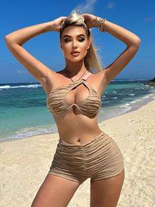 Pleated Swimsuit 2026Women 2-Piece Bikini Solid Color High Waist Swimwear Underwire Single Shoulder Hollow Out Bathing Suit - Product Image 2