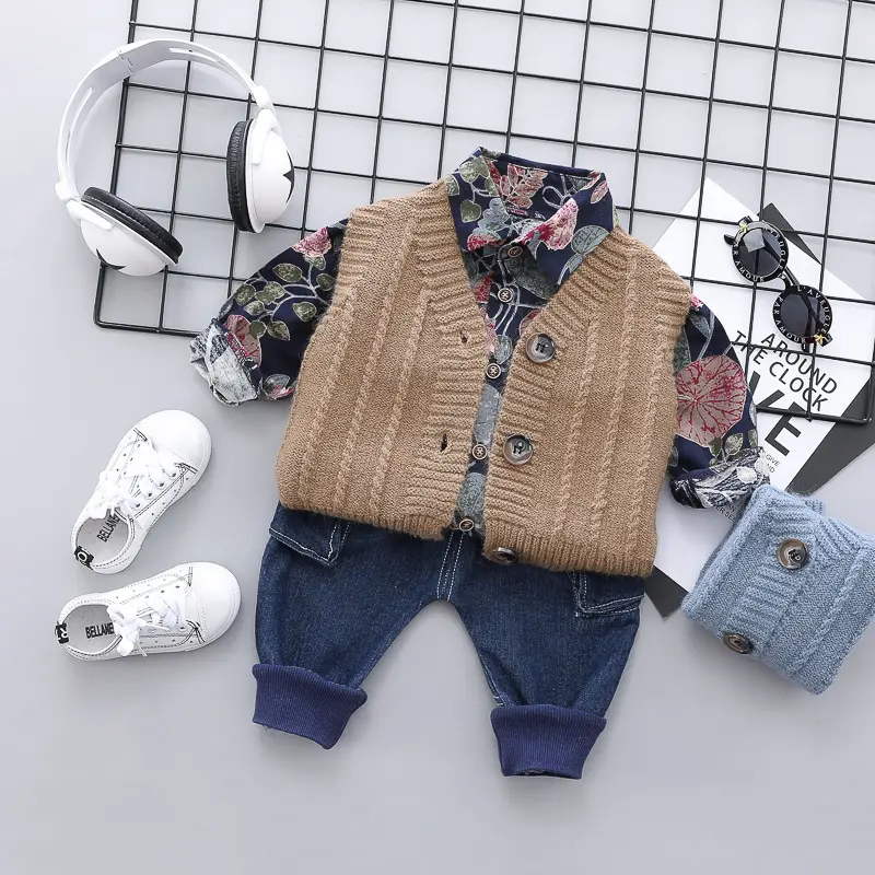 뜨거운 판매 인기 소년 어린이 옷 편안한 캐주얼 긴팔 셔츠 + 스웨터 조끼 + 청바지 바지 3pcs 의류 세트