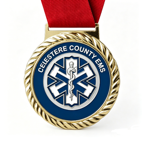 Medalla de EMS del Condado de Celestere, Chapada en Oro, Aleación de Zinc, Esmalte Duro Circular, con Cinta Roja, Regalo Empresarial - Product Image 1