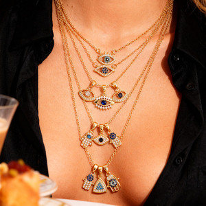 Collane con Ciondolo <span class=keywords><strong>Occhio</strong></span> di Allah e Mano di Hamsa Placcate Oro 18K con Zirconi, Gioielli Portafortuna da Donna, Vendita all'Ingrosso dalla Fabbrica di Yiwu - Product Image 1