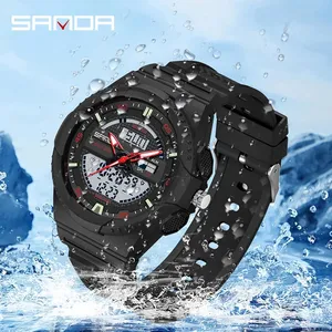 Sanda 9030 Men's LED Digital TPU Strap Watches Fashion Sports Analog Alarm Watch Waterproof Week Display Multiple Time Zone