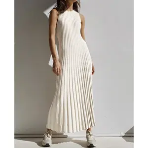 2023 Katoenen Jurken Vrouwen Lange Maxi Zomer Casual Mouwloze Bodycon Dames Solide Rib Gebreide Plooi Maxi Meisjes Witte Trui Jurk