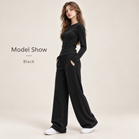 Ensemble décontracté deux pièces pour femme, haut à manches longues 275 GSM et pantalon large, coupe ajustée, OEM ODM, faible MOQ