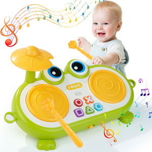 Tambour musical grenouille, jouet éducatif en plastique, instrument de percussion avec boutons et bâtonnets colorés, 0-24 mois - Product Image 1