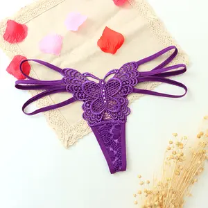 Fuyu-Tanga de algodón con bordado de mariposas para mujer, Tanga de encaje con tirantes, bragas traseras