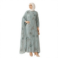Abaya bleue brodée de perles florales avec manches chauve-souris drapées, robe de soirée musulmane modeste pour mariage et fête