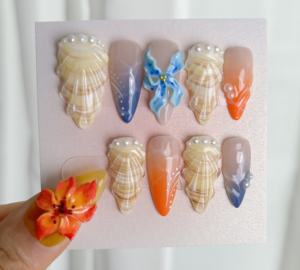 เล็บปลอมทำด้วยมือสี่เหลี่ยมขนาดกลางที่มีผงเหนียวเจลประกายพลอยเทียมแบบกดบนเล็บ - Product Image 3