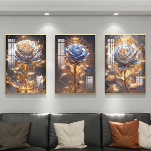 Bingkai lampu LED berlian porselen kristal mewah Modern mawar emas abstrak baru lukisan dinding bunga teratai seni kanvas seni dinding - Product Image 1