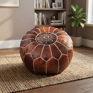 Funda de Puf de Cuero Genuino Hecha a Mano, Bordado Geométrico, Estilo Bohemio, Diseño Cosido, Decoración del Hogar, Cierre con Cordón - Product Image 1
