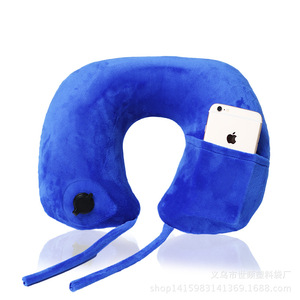 Almohada de viaje inflable con forma de U, color azul oscuro, con bolsillo para teléfono, plegable, portátil, 28x26x14cm - Product Image 1