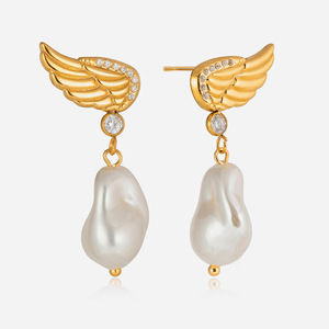 Baroque Pearl Angel Wing Drop Earrings Stainless Steel Studs Bezel Setting Everyday Wear - Product Image 1