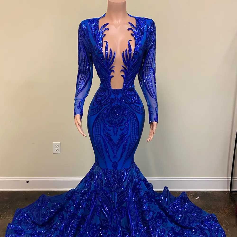 EV105 Long Elegant Prom Dresses Long Sleeve Sheer O-neck Mermaid Style Royal Blue Sequin African Black Girls Prom Party Gown