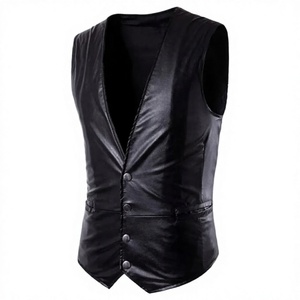 Traje de Invierno para Hombre, Estilo Urbano, Cuello en V, Color Sólido, de Cuero Negro, Cierre de un Solo Botón - Product Image 4