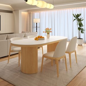 Tavolo <span class=keywords><strong>da</strong></span> <span class=keywords><strong>Pranzo</strong></span> Ovale in Legno Massello con Lastra di Roccia, Stile Nordico Crema, Arredamento per Piccoli Appartamenti, Cucine <span class=keywords><strong>e</strong></span> Sale <span class=keywords><strong>da</strong></span> <span class=keywords><strong>Pranzo</strong></span> - Product Image 5