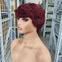 Perruques courtes bouclées couleur 99J, coupe pixie, rouge vin, cheveux Remy, sans colle, sans dentelle, entièrement fabriquées à la machine pour femmes noires