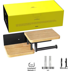 Support adhésif pour <span class=keywords><strong>papier</strong></span> toilette en fer/bois avec distributeur de lingettes humides et étagère - Product Image 4