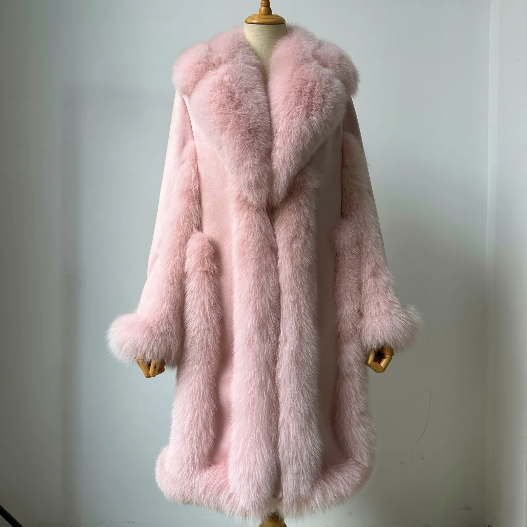 Wholesale High Quality Women Real Fox Fur Coat Down Jacket Long Thick Warm Suede Jacket With Fur Winter