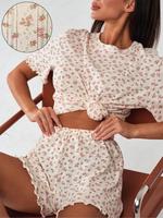 Pakaian Rumah Wanita Set Dua Potong Bahan Campuran Katun 35% Lengan Pendek Celana Pendek Dos Para Set untuk Wanita