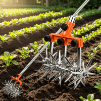 Motoculteur manuel rotatif à roue étoilée, cultivateur de jardin avec poignée réglable, pour désherbage et aération du sol