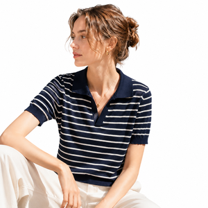 Women's Striped Knit Polo Shirt Short Sleeve Turn-<b>down</b> Collar 100% Cotton Summer Nautical Style Soft Regular Fit - Product Image 1