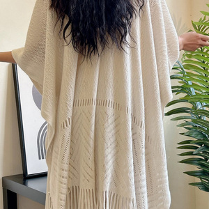 Phụ Nữ Phụ Nữ Rắn Màu Trắng Lớn Cổ Điển Ấm Mỏng Mùa Đông Mô Hình Hollow out Khăn Choàng Cape Dệt Kim Chăn Với Tua - Product Image 2