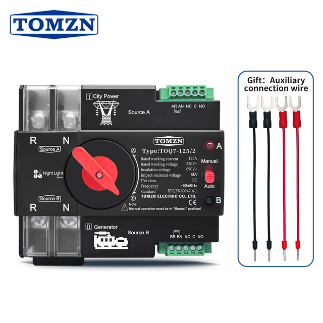 TOMZN Din Rail ATS 220V 230V Dual Power Automatic Transfer Electrical Selector Switch Uninterrupted 2P 63A 100A 125A