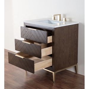 Mueble de Baño Moderno de Madera con Diseño Chevron de 30 Pulgadas, Base de Metal Dorado y <span class=keywords><strong>Encimera</strong></span> de Cuarzo Blanco - Product Image 3