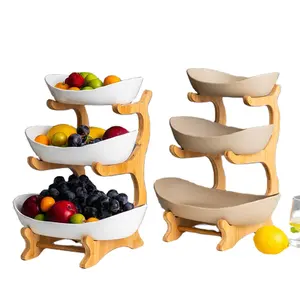 Supports en bois de bambou ménagers 3 couches récipient alimentaire plat poterie assiette en céramique pour salade légumes Fruits noix collations