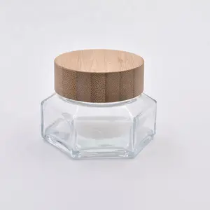 Tarro de cristal hexagonal transparente para crema facial, botellas de mermelada con tapa de bambú, tapa de madera, 30ml, 2020