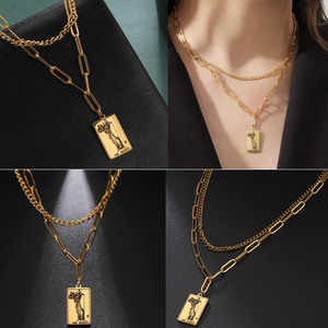 Mode vergoldet Doppel kette Rechteck Edelstahl Glück benutzer definierte <span class=keywords><strong>Tarot</strong></span> karte Anhänger Halskette - Product Image 6