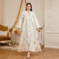 Abaya à motif feuille métallisée brillante avec fermeture éclair avant, manches larges, robe longue arabe de Dubaï pour dîner de fête et réunion de famille