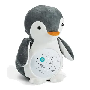 Muñeco de peluche de felpa suave para bebés, juguete de pingüino de peluche con música y proyector