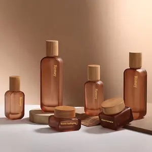 Frosted brown cosmetic packaging bottles amber cream jars 30g 50g glass container with wood lid 30ml 50ml