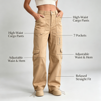 Pantalon cargo taille haute pour femme, coupe large, décontracté et confortable, sept poches, extensible et doux, style décontracté